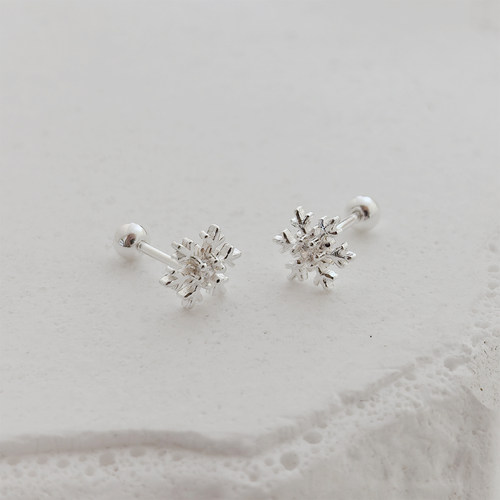 通体S999足银雪花镶钻螺丝拧耳钉