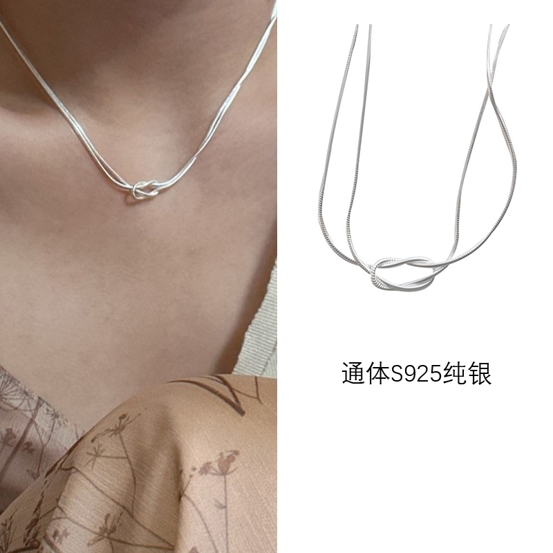 通体S925纯银双层打结蛇骨链项链
