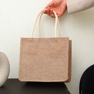可定制加印logo黄麻布手提袋简约旅行环保外出仿麻女士购物手拎包