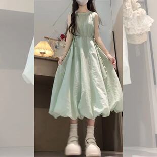 少女薄荷绿色无袖连衣裙夏漂亮花苞裙初高中学生甜美小清新背心裙