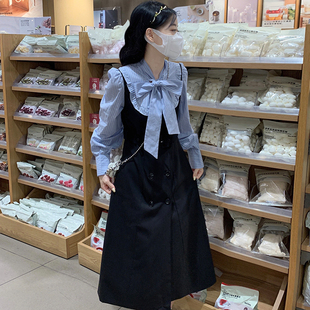 高中女生学院风气质中长裙秋2024新款时髦学生主持长袖衬衫连衣裙