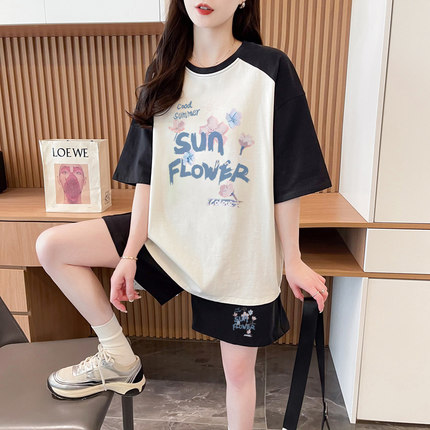 初中女生可爱甜美运动套装夏宽松时尚高中学生纯棉短袖短裤两件套