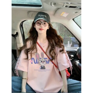 卡通印花宽松纯棉T恤女夏新款初高中学生潮流时尚设计感短袖上衣