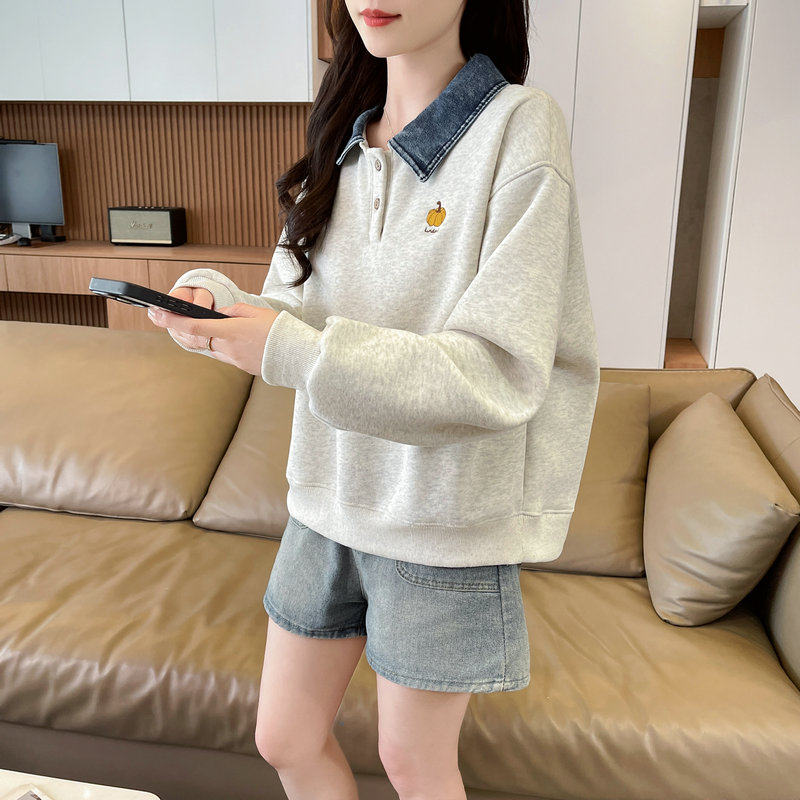 初中生宽松长袖卫衣女2026春秋新款高中学生时尚休闲牛仔翻领上衣