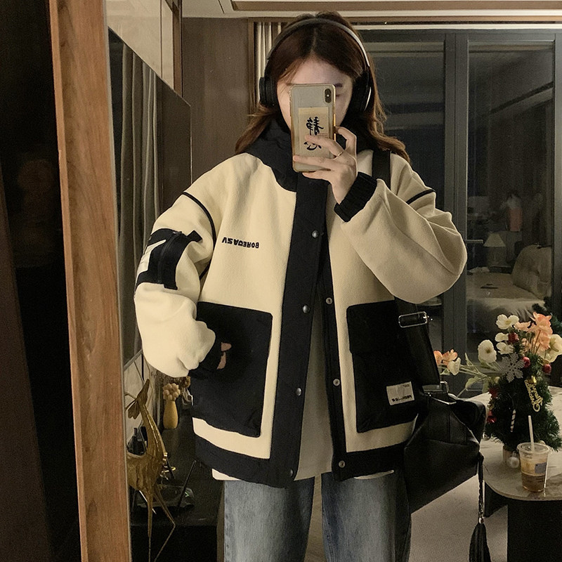 初中女生潮牌时髦羊羔毛外套冬短款小个子高中学生加绒加厚棉衣服