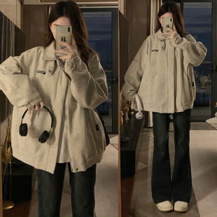 高中女生加厚毛呢夹克秋冬新款初中学生潮流ins时尚宽松翻领外套