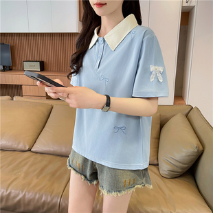 甜美棉质短袖T恤女夏新款潮流ins时尚初高中学生宽松休闲翻领上衣