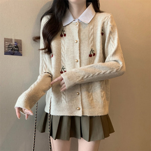 少女学院风衬衫领毛衣外套秋冬新款初高中学生假两件柔软针织开衫