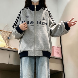秋冬加绒加厚无帽开衫卫衣女初高中学生宽松运动学院风棒球服外套