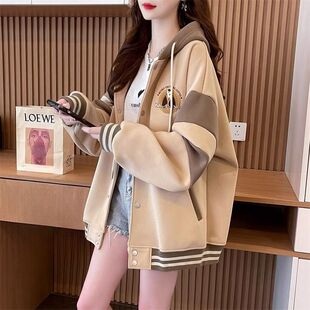 初中女生时尚学院风外套秋冬新款高中学生宽松休闲连帽夹克棒球服