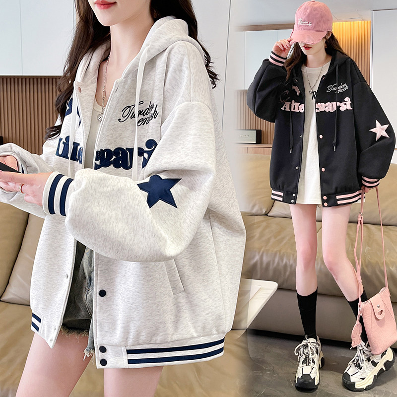 潮牌美式刺绣棒球服春秋季新款初高中学生宽松运动连帽开衫外套女