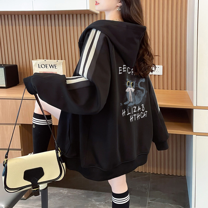 少女运动学院风开衫卫衣宽松时尚初中高中学生秋季中长款连帽外套