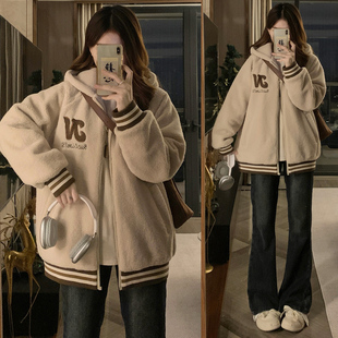 初中生潮流毛茸茸夹棉外套女加绒冬装高中学生宽松加厚羊羔绒棉袄