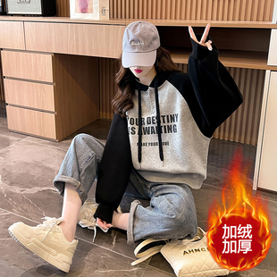 初中女生运动学院风卫衣冬15新款16岁高中学生加绒加厚连帽衫外套