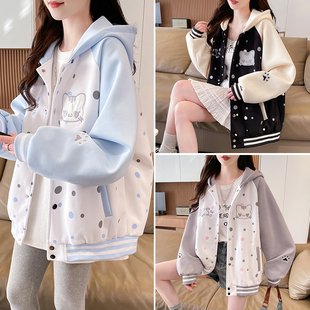 可爱减龄刺绣撞色外套女春秋季新款初高中学生宽松连帽棒球服夹克