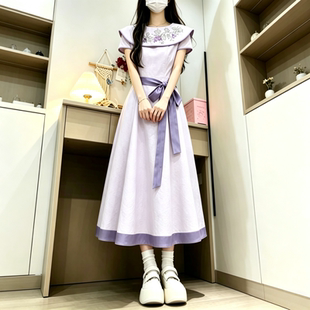 少女甜美小清新收腰连衣裙夏漂亮裙子初高中学生复古学院风中长裙