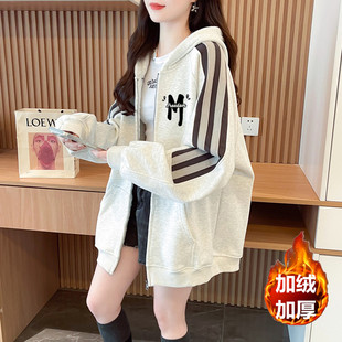 高中女生潮流时尚连帽外套冬季棉服初中学生宽松加绒加厚卫衣开衫