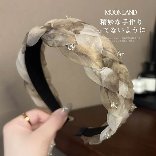 立体麻花纹理水钻串珠欧根纱发箍