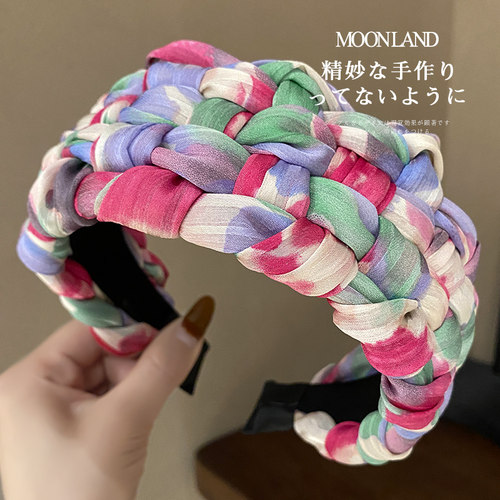 撞色印染编织宽边发箍女款高颅顶