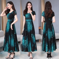 Fashion temperament floral ice silk dress women's spring and summer new style waist close slim, foreign style with long skirt