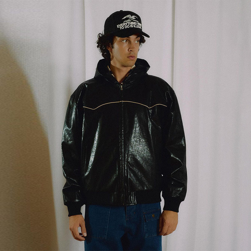 Pleasures连帽秋冬宽松皮革夹克