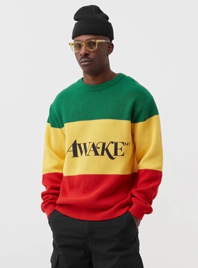 潮物Woo Awake Ny Blessings Sweater 印花Logo拼色针织毛线衣潮