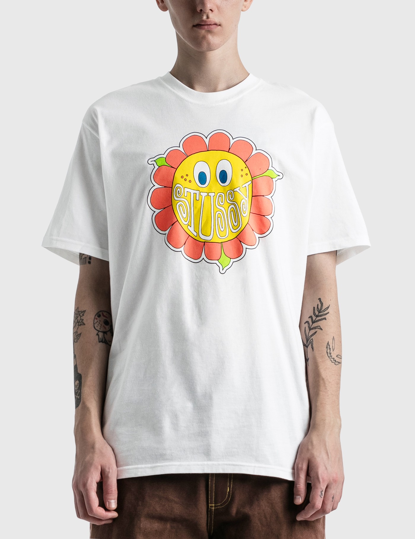 潮物Woo Stussy Happy Flower Tee向日葵花朵笑脸印花情侣短袖T恤