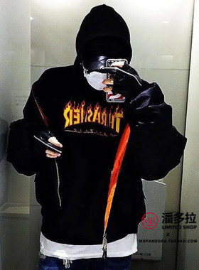 王一博同款 Thrasher Flame Hoodie火焰帽衫加绒连帽卫衣男女外套