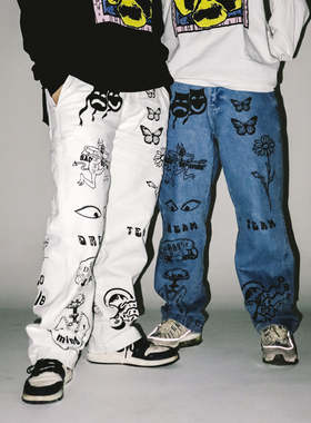 Obey Hardwork Carpenter Pants 满印美式休闲宽松牛仔直筒长裤潮