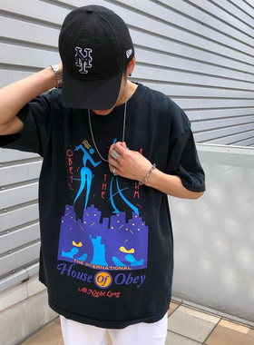 潮物Woo OBEY All Night Long Tee 个性扎染宽松纯棉短袖休闲T恤