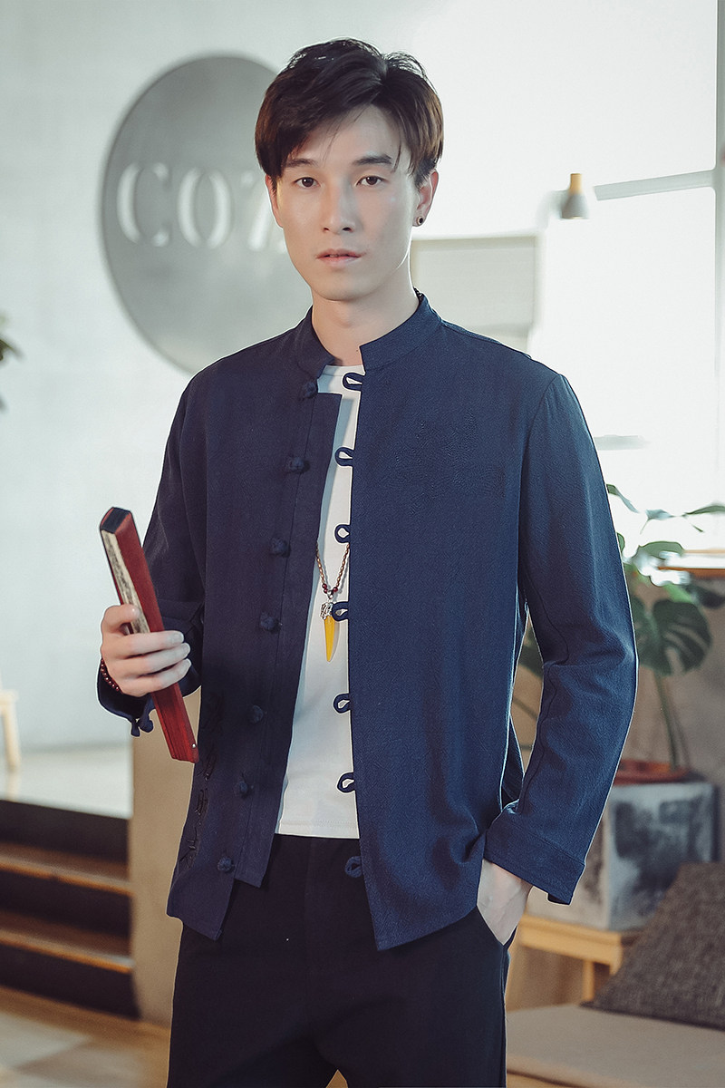 T88*2021男士长袖棉麻绣花修身休闲衬衣男麻料衬衫麻本色*,男装衬衫,星座1516（原B303）