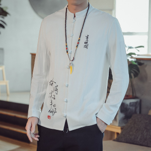 T88* 2021男士长袖棉麻绣花修身休闲衬衣男麻料衬衫 麻本色 *图片