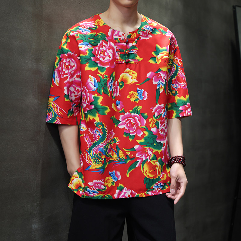 T923*风复古东北大花布中袖棉质大码古风T恤男*P28，男装T恤，星座1516（原B303）