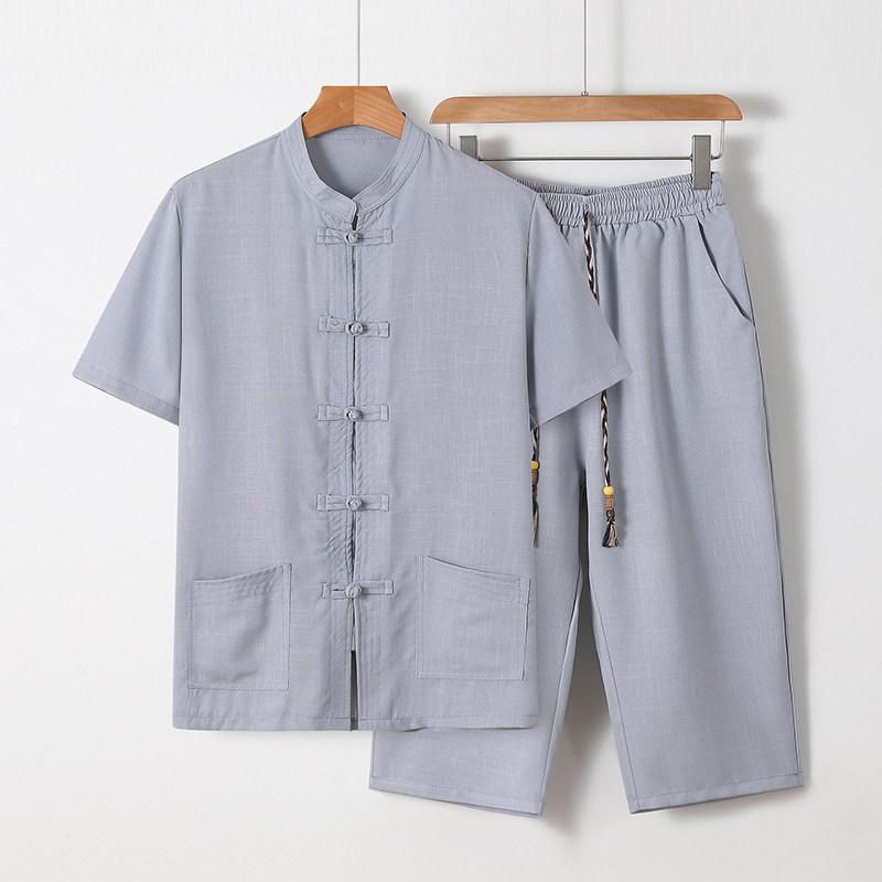 81676*风中老年男装夏汉服唐装居士服短袖衬衫套装*P70,男装T恤,星座1516（原B303）
