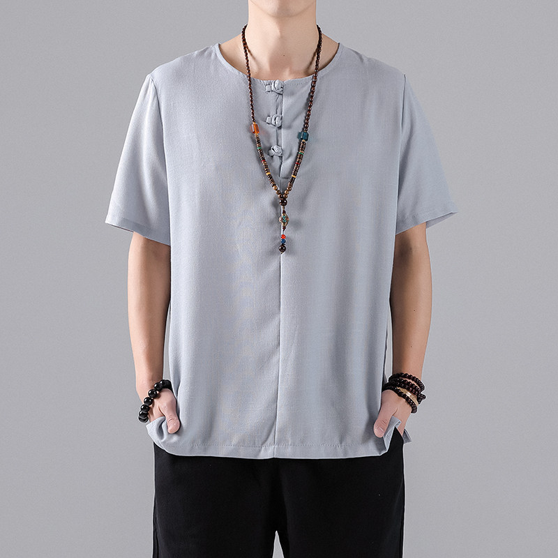 T813*夏季风唐装盘扣圆领短袖古风居仕服T恤禅服*P30,男装T恤,星座1516（原B303）