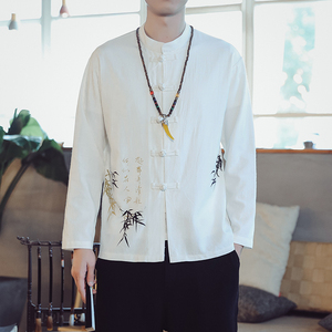 T815*2021春风棉麻傲竹书法唐装麻料男士长袖衬衫灰蓝*
