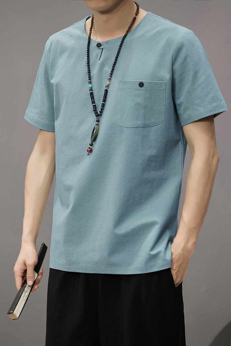 T80*夏季风唐装禅服棉麻短袖古风透气T恤男居仕服*P25,男装T恤,星座1516（原B303）