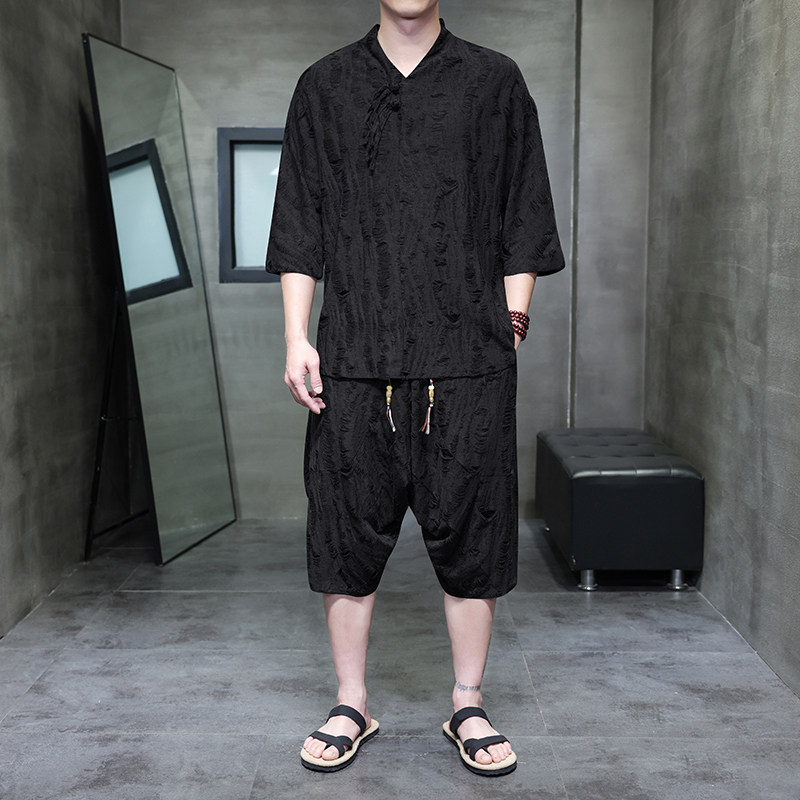 DY50*风中袖唐装汉服宽松透气镂空复古潮流盘扣套装*P75,男装休闲套装,星座1516（原B303）