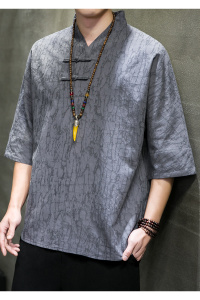 91058* 风暗纹提花中袖古风复古T恤男士禅服套装居仕服 *P105图片