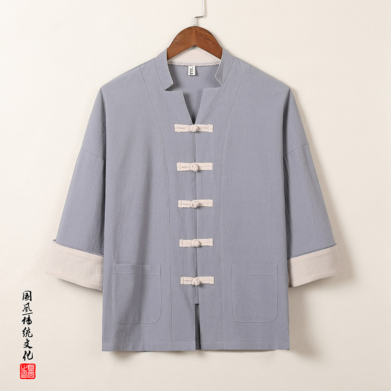 T915*古风盘扣撞色唐装茶服中袖衬衫居仕服纯色禅服*P55,男装衬衫,星座1516（原B303）