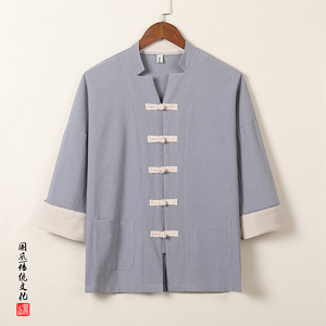 T915* 古风盘扣撞色唐装茶服中袖衬衫居仕服纯色禅服 *P55图片