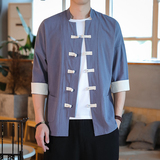 T915*古风盘扣撞色唐装茶服中袖衬衫居仕服纯色禅服*P55，男装衬衫，星座1516（原B303）