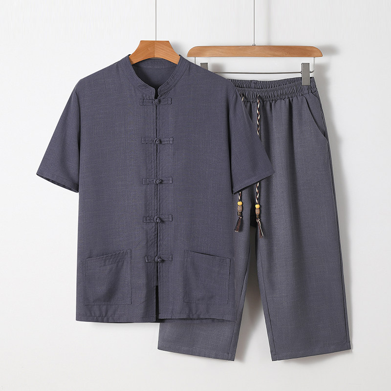 81676*风中老年男装夏汉服唐装居士服短袖衬衫套装*P70,男装T恤,星座1516（原B303）
