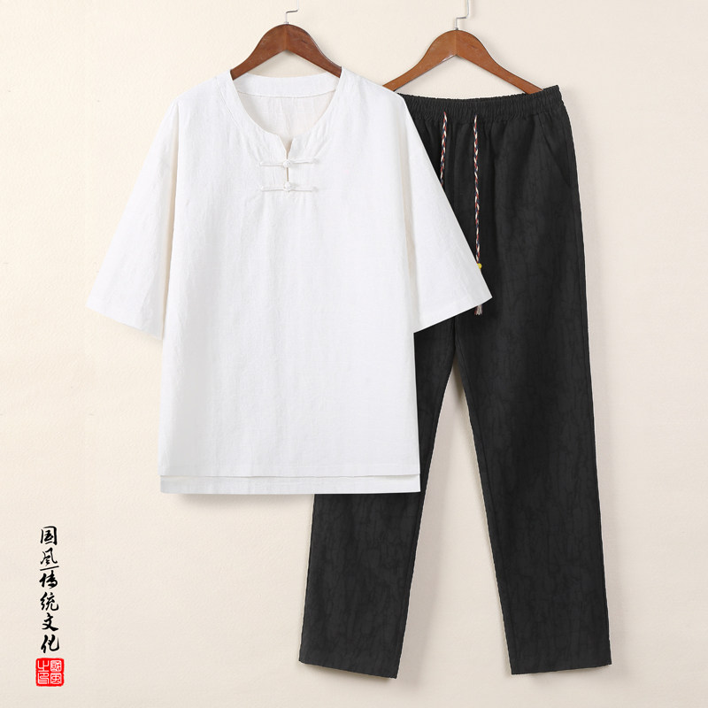 91858* 风中袖暗纹提花古风禅服复古T恤男居仕服套装 *P105图片