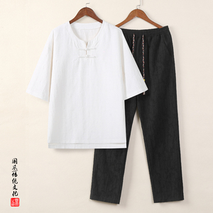 91858* 风中袖暗纹提花古风禅服复古T恤男居仕服套装 *P105图片