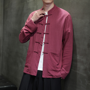 T922* 风中式立领棉麻长袖衬衫复古开衫唐装盘扣衬衣 *P65,男装衬衫,星座1516（原B303）