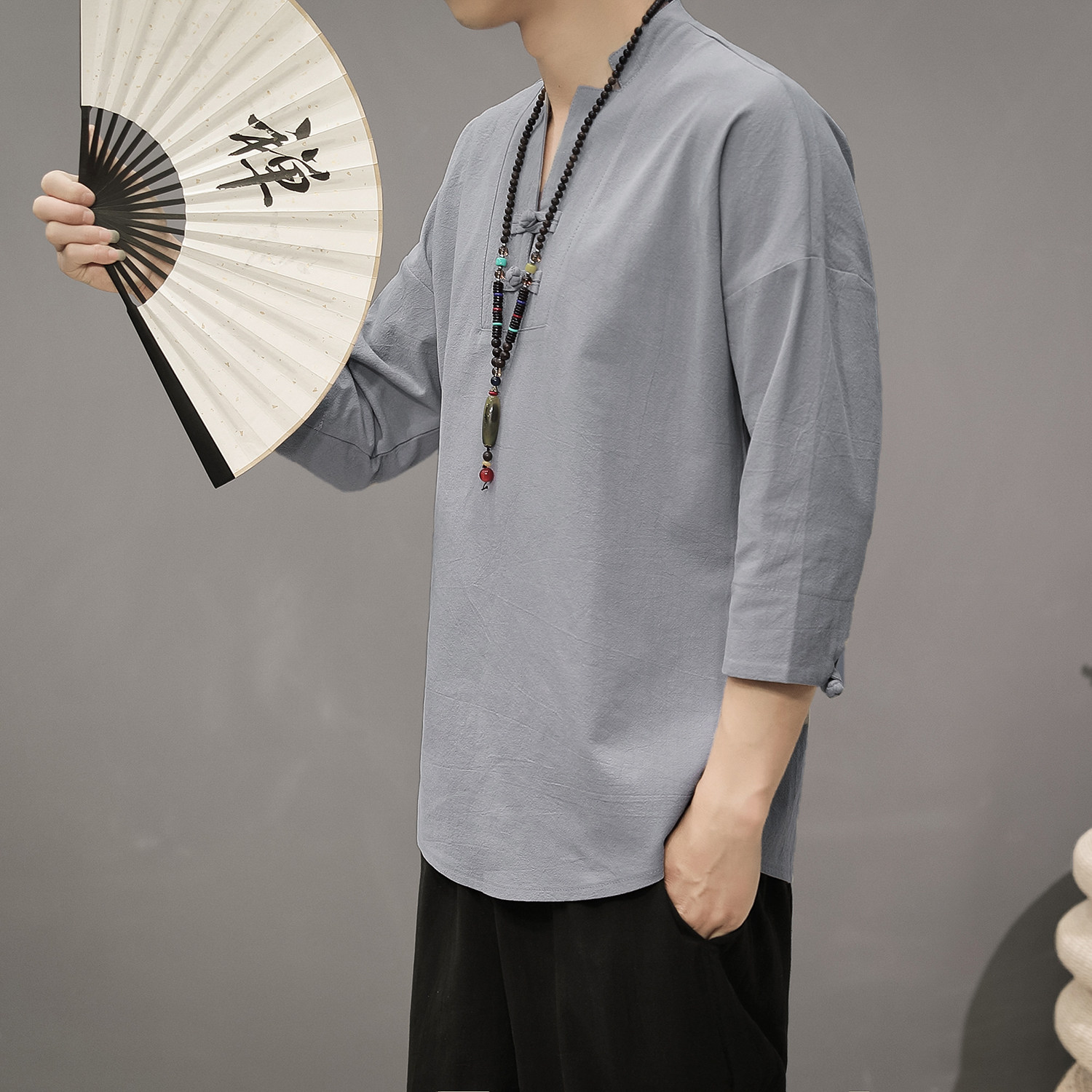 T819*夏季风男士盘扣复古棉麻中袖古风中袖T恤衫白色*,男装T恤,星座1516（原B303）