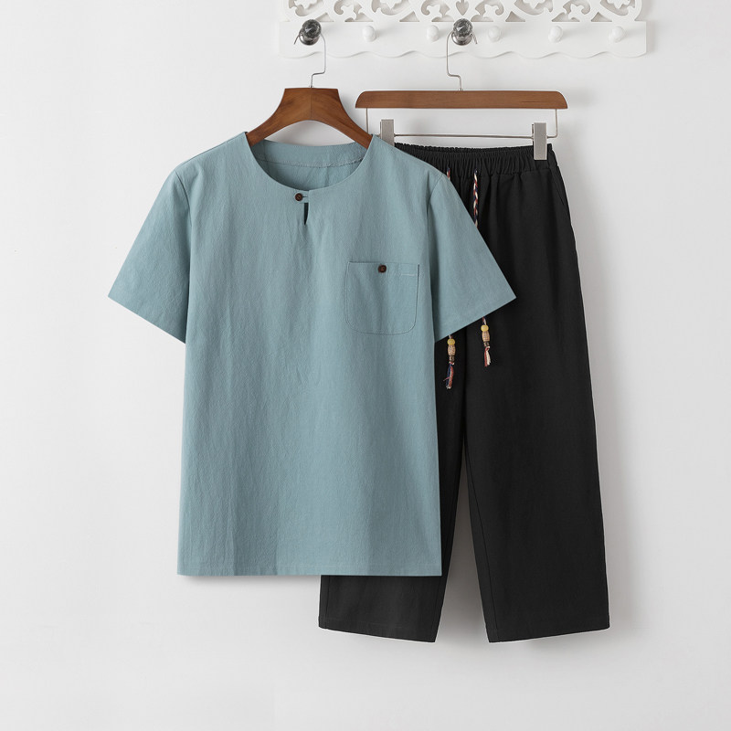 8086*夏季风唐装禅服棉麻短袖古风透气T恤套装男居仕服*P55,男装T恤,星座1516（原B303）