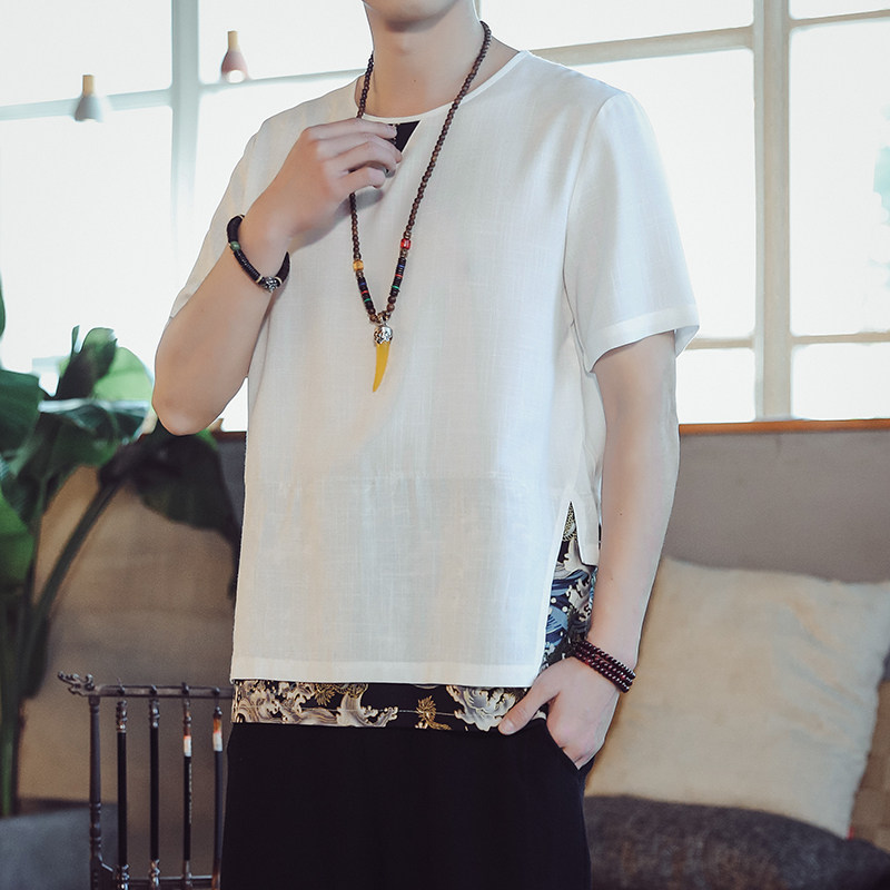 T811*2021夏季风古风龙纹拼布透气男士短袖T恤衫白色*，男装T恤，星座1516（原B303）