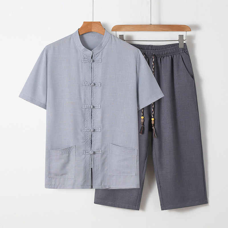 81676 * 风中老年男装夏汉服唐装居士服短袖衬衫套装 *P70图片